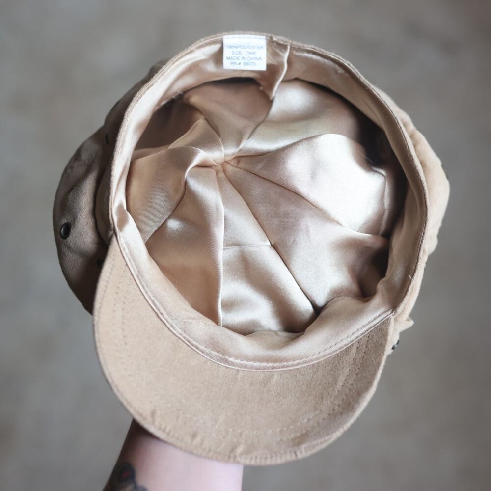 Y2K Beige Faux Suede Studded Cadet Cap | Military Newsboy Hat | One Size - Picture 4 of 4